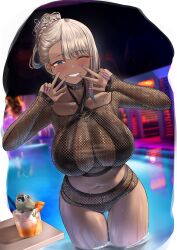 Rule 34 | 1girl, absurdres, bikini, blush, breasts, choker, commentary request, curvy, drink, fishnets, fuyuyama asako, gyaru, halterneck, highres, huge breasts, jewelry, kogal, kuse (0201), navel, necklace, one eye closed, original, partial commentary, partially submerged, pool, purple nails, smile, solo, swimsuit, thighs, w, wet
