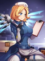 Rule 34 | 1girl, alternate hairstyle, artist name, beret, black gloves, black pantyhose, blonde hair, blue bodysuit, blue eyes, blue wings, bodysuit, boots, breasts, clipboard, combat medic ziegler, covered erect nipples, cowboy shot, cross print, gloves, glowing, glowing wings, hand up, hat, hinghoi, holding, indoors, large breasts, lips, long sleeves, mechanical wings, mercy (overwatch), nose, official alternate costume, overwatch, overwatch 1, pantyhose, patreon logo, patreon username, pen, pink lips, pocket, skin tight, solo, spread wings, thigh boots, thighhighs, upper body, watermark, web address, white footwear, white hat, wings