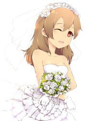 Rule 34 | 10s, 1girl, ;d, alternate hairstyle, bare shoulders, blush, bouquet, bridal veil, bride, brown hair, collarbone, dot nose, dress, eyebrows, female focus, flower, gloves, hair down, hair flower, hair ornament, highres, holding, holding bouquet, long hair, one eye closed, open mouth, red eyes, ribbon, silica, simple background, smile, solo, suika01, sword art online, veil, wedding dress, white background, white dress, white gloves, wink