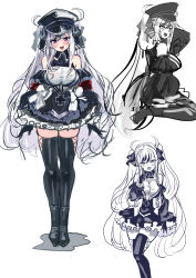 Rule 34 | 1girl, absurdres, azur lane, black footwear, black gloves, black ribbon, black thighhighs, blush, boots, bow, breasts, commentary request, cross, detached sleeves, dress, elbe (azur lane), fang, frills, gloves, grey hair, hair ribbon, hat, heart, heart in mouth, hey taisyou, highres, iron cross, large breasts, long hair, looking at viewer, multiple views, open mouth, peaked cap, ribbon, simple background, sitting, sketch, skin fang, standing, thighhighs, white background, white bow