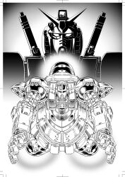 Rule 34 | flying, greyscale, gundam, gundam thunderbolt, highres, looking at viewer, mecha, mobile suit, monochrome, no humans, official art, ohtagaki yasuo, open hands, perfect gundam (thunderbolt), perfect zeong (thunderbolt), portrait, robot, science fiction, straight-on, thrusters, v-fin