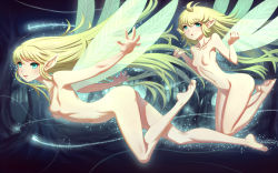 Rule 34 | 2girls, :o, barefoot, blonde hair, breasts, fairy, fairy wings, feet, flying, forest, green eyes, highres, long hair, md5 mismatch, mini person, minigirl, multiple girls, nature, navel, nipples, nude, open mouth, original, perky breasts, pointy ears, revision, small breasts, tree, very long hair, wings, youbou