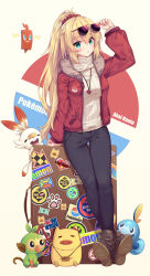 Rule 34 | 1girl, adjusting eyewear, akai haato, arm up, australian flag, beige background, black pants, blonde hair, blush, boots, brown footwear, character name, commentary request, copyright name, creatures (company), crossover, eyewear on head, fur-trimmed jacket, fur trim, game freak, gen 4 pokemon, gen 8 pokemon, green eyes, grookey, haaton (akai haato), hair between eyes, hair ornament, heart, heart hair ornament, high ponytail, highres, hololive, jacket, long hair, long sleeves, neps-l, nintendo, open clothes, open jacket, pants, parted lips, poke ball print, pokemon, pokemon (creature), ponytail, puffy long sleeves, puffy sleeves, red jacket, ribbed sweater, rotom, rotom phone, scorbunny, shoe soles, sidelocks, sleeves past wrists, sobble, starter pokemon trio, suitcase, sunglasses, sunglasses on head, sweater, turtleneck, turtleneck sweater, very long hair, virtual youtuber, white sweater
