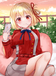 Rule 34 | 1girl, absurdres, bob cut, cellphone, cloud, dress, feet out of frame, gradient sky, grey dress, hair ribbon, highres, looking at viewer, lycoris recoil, lycoris uniform, mouth hold, naomi (fantasia), nishikigi chisato, orange sky, phone, pleated dress, railing, red dress, red eyes, red ribbon, ribbon, short hair, sitting, sky, smile, solo, two-tone dress, white hair