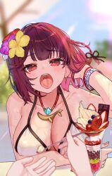 Rule 34 | 1girl, 1other, atelier (series), atelier sophie, bikini, blue sky, blurry, blurry background, bracelet, braid, breasts, day, dessert, flower, food, fruit, hair flower, hair ornament, highres, jewelry, large breasts, looking at viewer, necklace, open mouth, outdoors, pov, red eyes, red hair, ryuuno6, single braid, sky, solo focus, sophie neuenmuller, strawberry, sweat, swimsuit, tongue, tongue out, upper body, yellow flower