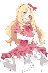 Rule 34 | 1girl, blonde hair, blush, bow, bowtie, brown eyes, dress, drill hair, eromanga sensei, frilled skirt, frills, hairband, ixy, lolita fashion, long hair, long sleeves, looking at viewer, open mouth, pantyhose, pointy ears, red bow, red bowtie, red hairband, simple background, skirt, solo, standing, sweet lolita, twin drills, white background, white pantyhose, yamada elf
