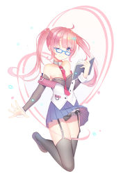 Rule 34 | 1girl, arm warmers, azur lane, bespectacled, black panties, black thighhighs, blue eyes, book, bra, collar, garter belt, glasses, holding, holding book, looking at viewer, necktie, one eye closed, panties, red hair, san diego (azur lane), smile, solo, thighhighs, twintails, underwear, white background