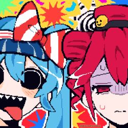 Rule 34 | 2girls, blue hair, blue hat, blush stickers, bow, drill hair, hair bow, hat, hatsune miku, kasane teto, long hair, multiple girls, nekurothings, open mouth, pink eyes, pink hair, pink hat, pixel art, portrait, ribbon, roblox (medium), shaded face, sharp teeth, smile, striped bow, striped ribbon, sweat, teeth, tongue, tongue out, twin drills, twintails, very long hair, vocaloid