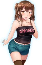 Rule 34 | 1girl, bad id, bad pixiv id, blush, breasts, brown eyes, brown hair, clothes writing, collarbone, glowing, long hair, looking at viewer, medium breasts, midriff peek, navel, neri sachiko, open mouth, original, plump, shorts, simple background, smile, solo, thighhighs, twintails