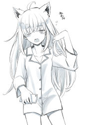 Rule 34 | 1girl, ahoge, animal ear fluff, animal ears, blush, cellphone, collarbone, commentary request, earrings, extra ears, fox ears, fox girl, greyscale, hair between eyes, holding, holding phone, hololive, jewelry, kurose kousuke, long hair, looking at viewer, monochrome, one eye closed, open mouth, pajamas, phone, shirakami fubuki, sidelocks, simple background, smartphone, solo, virtual youtuber, white background