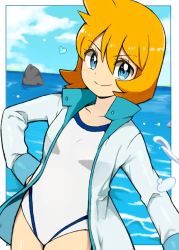 Rule 34 | 1girl, blue eyes, breasts, cowboy shot, creatures (company), cu-sith, game freak, hand on own hip, jacket, legs, legs together, misty (pokemon), nintendo, one-piece swimsuit, orange hair, pokemon, pokemon hgss, smile, solo, standing, swimsuit, water, water drop