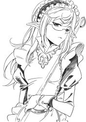 Rule 34 | 1girl, agahari, glasses, greyscale, long hair, looking at viewer, maerwen (rune factory), maid, maid headdress, merprin, monochrome, pointy ears, rune factory, rune factory oceans, simple background, solo, white background