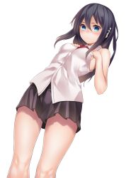 Rule 34 | 1girl, bare arms, black hair, blouse, blue eyes, blush, breasts, collared shirt, dutch angle, hair between eyes, hands on own chest, knees, legs, long hair, looking at viewer, medium breasts, original, pleated skirt, ray-akila, ray littlechamber, shirt, sideboob, simple background, skirt, sleeveless, sleeveless shirt, solo, standing, white background, white shirt