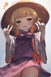 Rule 34 | 1girl, absurdres, blonde hair, blunt bangs, blush, breasts, bright pupils, brown hat, chii (tsumami tsumamare), cross-laced clothes, double v, fang, from below, hands up, hat, highres, looking at viewer, moriya suwako, notice lines, purple skirt, purple vest, short hair with long locks, simple background, skin fang, skirt, sleeves past elbows, slit pupils, small breasts, solo, thighs, touhou, turtleneck, v, vest, white background, wide sleeves, yellow eyes