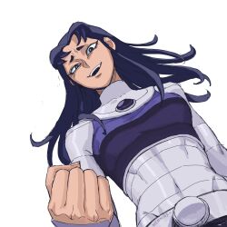 Rule 34 | belt, blackfire, breasts, clenched hand, commentary, covered navel, dc comics, english commentary, from below, highres, jenxd d, long hair, looking at viewer, medium breasts, purple eyes, purple hair, simple background, smile, solo, teen titans, teeth, upper teeth only, white background