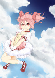 Rule 34 | 10s, 1girl, bad id, bad pixiv id, blush, bow, bubble skirt, cloud, day, dress, highres, kaname madoka, magical girl, mahou shoujo madoka magica, mahou shoujo madoka magica (anime), ootsuka you, pink hair, red eyes, short hair, short twintails, skirt, sky, smile, solo, twintails