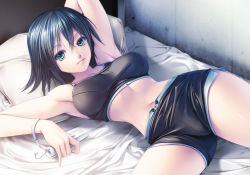 Rule 34 | 1girl, armpits, bare arms, bare shoulders, bed, blue eyes, blue hair, breasts, brown eyes, brown hair, controller, cowboy shot, dutch angle, game console, game controller, hair between eyes, indoors, looking at viewer, lying, matching hair/eyes, medium breasts, midriff, navel, on back, original, pillow, playing games, rezi, short hair, shorts, sleeveless, solo, sports bra, stomach, tomboy, wii, wii remote, wrist straps