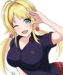 Rule 34 | 1girl, :d, ahoge, blonde hair, blue eyes, blue shirt, breasts, cleavage, hachimiya meguru, hair ornament, hairclip, hand up, highres, idolmaster, idolmaster shiny colors, large breasts, long hair, looking at viewer, low twintails, one eye closed, open mouth, polo shirt, shionootsu, shirt, short sleeves, simple background, skirt, smile, solo, star (symbol), star hair ornament, swept bangs, twintails, upper body
