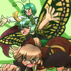 Rule 34 | 3girls, all fours, antennae, aqua hair, arm up, black bow, black shirt, black undershirt, blouse, blush, bow, brown dress, brown eyes, brown hair, butterfly wings, buttons, cape, dress, eternity larva, fairy, green background, green dress, hair between eyes, hair bow, insect wings, kurodani yamame, leaf, leaf on head, long sleeves, looking ahead, multiple girls, one eye closed, open mouth, ponytail, ribbon, shirt, short hair, sudumet, sunburst, sunburst background, touhou, wings, wriggle nightbug, yellow ribbon