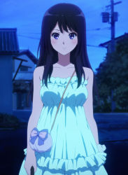 Rule 34 | 10s, 1girl, arms at sides, bag, blue dress, blue sky, blue theme, bow, cowboy shot, dress, expressionless, hibike! euphonium, highres, house, kousaka reina, long hair, looking at viewer, outdoors, power lines, purple eyes, purple hair, screencap, shoulder bag, sky, solo, strapless, strapless dress