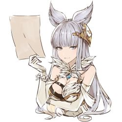 Rule 34 | 1girl, animal ears, asymmetrical clothes, bare shoulders, blunt bangs, breasts, cleavage, dress, elbow gloves, erune, feathers, gloves, granblue fantasy, grey eyes, haikimono shounen, hair ornament, hand up, jewelry, korwa, long hair, looking at viewer, medium breasts, paper, pendant, silver hair, simple background, smile, solo, upper body, white background, white dress, white gloves