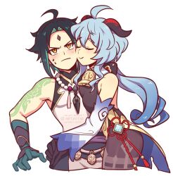 Rule 34 | 1boy, 1girl, ahoge, arm tattoo, artastiq, ass, bare shoulders, bead necklace, beads, bell, black gloves, black hair, blue hair, blush, bodystocking, breast press, chinese knot, collarbone, cowbell, curled horns, detached sleeves, facial mark, forehead mark, ganyu (genshin impact), genshin impact, gloves, goat horns, gold trim, gradient hair, green hair, hetero, highres, horns, hug, jewelry, leotard, leotard under clothes, long hair, long sleeves, low ponytail, multicolored hair, neck bell, necklace, parted bangs, short hair, short hair with long locks, shoulder spikes, sidelocks, smile, spikes, sweatdrop, tattoo, toned, toned male, twitter username, two-tone hair, v-shaped eyebrows, vision (genshin impact), white background, wide sleeves, xiao (genshin impact), yellow eyes