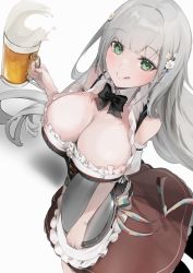 Rule 34 | 1girl, :q, absurdres, apron, beer mug, black bow, black bowtie, bow, bowtie, breasts, brown skirt, corset, cup, daiiichukiii, detached collar, flower, frills, from above, green eyes, grey hair, hair flower, hair ornament, highres, holding, holding cup, holding tray, hololive, large breasts, long hair, looking at viewer, mole, mole on breast, mug, ribbon, shirogane noel, shirogane noel (dirndl), simple background, skirt, solo, tongue, tongue out, tray, virtual youtuber, white background