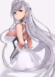 Rule 34 | 1girl, apron, azur lane, belfast (azur lane), braid, breasts, closed mouth, collar, commentary request, corset, french braid, frilled apron, frills, gloves, highres, hotate-chan, large breasts, looking back, maid, maid apron, maid headdress, purple eyes, sideboob, silver hair, sketch, solo, white apron, white gloves