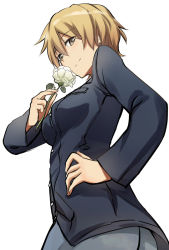 Rule 34 | 10s, 1girl, ass, blonde hair, brave witches, brown eyes, flower, hand on own hip, hip focus, military, military uniform, pantyhose, sandwich (artist), short hair, simple background, smile, solo, strike witches, tsuchii (ramakifrau), uniform, waltrud krupinski, white background, world witches series