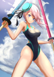 Rule 34 | 1girl, asymmetrical hair, black one-piece swimsuit, blue eyes, blue sky, blush, breasts, bun cover, cloud, cloudy sky, collarbone, commentary, commentary request, competition swimsuit, cowboy shot, day, dual wielding, fate/grand order, fate (series), hair bun, highleg, highleg swimsuit, highres, holding, large breasts, long hair, looking at viewer, miyamoto musashi (fate), miyamoto musashi (fate/grand order), miyamoto musashi (swimsuit berserker) (fate), miyamoto musashi (swimsuit berserker) (first ascension) (fate), nikuromu0310, one-piece swimsuit, outdoors, pink hair, single hair bun, sky, smile, solo, swept bangs, swimsuit