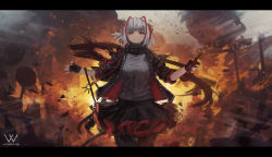 Rule 34 | 1girl, ahoge, arknights, artist name, black gloves, black jacket, black legwear, black skirt, breasts, character name, commentary, detonator, english commentary, explosion, eyebrows hidden by hair, fingerless gloves, franlol, gloves, grenade pin, grey hair, grey sweater, grin, hands up, highres, holding, holding weapon, horns, jacket, letterboxed, looking at viewer, medium breasts, medium hair, miniskirt, multicolored hair, open clothes, open jacket, orange eyes, outstretched arms, pleated skirt, red hair, red horns, red ribbon, red skirt, ribbon, skirt, sleeves pushed up, slit pupils, smile, solo, streaked hair, sweater, w (arknights), walking, weapon, zipper