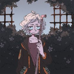 Rule 34 | .flow, 1girl, :/, androgynous, arm at side, blush, bush, collarbone, drawstring, fence, flower, frown, holding, hood, hood down, hoodie, lead pipe, left-handed, limited palette, long sleeves, looking at viewer, messy hair, muted color, red eyes, sabitsuki, short hair, sketch, sky, slit pupils, smr03, solo, standing, unzipped, upper body, white hair, zipper