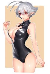 Rule 34 | 1girl, antenna hair, black one-piece swimsuit, breasts, center opening, cleavage, cowboy shot, front zipper swimsuit, katagiri hachigou, large breasts, meme attire, one-piece swimsuit, original, pointy ears, red eyes, short hair, silver hair, solo, swimsuit, thighs