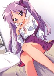 Rule 34 | 1girl, arm support, bare legs, bed, bedroom, blush, bow, closed mouth, collarbone, commentary request, dutch angle, embarrassed, feet out of frame, hair bow, hand up, highres, hiiragi kagami, hotaru iori, indoors, long hair, long sleeves, looking at viewer, lucky star, on bed, pillow, pink ribbon, puffy long sleeves, puffy sleeves, purple bow, purple eyes, purple hair, purple skirt, ribbon, second-party source, shirt, sitting, skirt, solo, suspender skirt, suspenders, suspenders slip, twintails, very long hair, white shirt