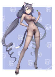 Rule 34 | 1girl, animal ear fluff, animal ears, black bodysuit, black cat, black footwear, black hair, blue background, blush, bodysuit, breasts, cat, cat ears, cat girl, cat tail, food, full body, green eyes, hand on own hip, high heels, highres, karyl (princess connect!), large breasts, long hair, low twintails, multicolored hair, nipples, princess connect!, pubic tattoo, see-through, tail, tattoo, twintails, very long hair, whip, white hair, xiaoxi0619