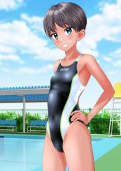 Rule 34 | 1girl, absurdres, bench, black hair, black one-piece swimsuit, blue sky, breasts, cameltoe, clothes writing, cloud, commentary request, competition swimsuit, covered navel, day, fence, green eyes, grin, hands on own hips, highres, lifeguard chair, multicolored clothes, multicolored swimsuit, one-piece swimsuit, one-piece tan, original, outdoors, pool, poolside, short hair, sky, small breasts, smile, solo, swimsuit, takafumi, tan, tanline