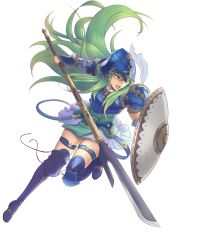 Rule 34 | 1girl, armor, armored boots, blue footwear, boots, fire emblem, fire emblem: path of radiance, floating hair, full body, gauntlets, green eyes, green hair, helmet, highres, holding, holding shield, holding spear, holding weapon, long hair, miniskirt, nephenee, nintendo, open mouth, polearm, shield, shoulder armor, skirt, solo, pauldrons, spear, thigh boots, thigh strap, thighhighs, transparent background, very long hair, weapon, white skirt, will (willanator93), zettai ryouiki