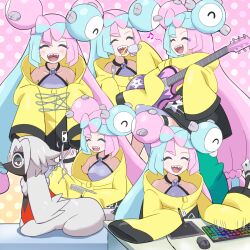 Rule 34 | 1girl, absurdres, bellibolt, blue hair, bow-shaped hair, breasts, character hair ornament, closed eyes, creatures (company), cup, dog, furfrou, game freak, gen 1 pokemon, gen 6 pokemon, grey pantyhose, guitar, hair ornament, hexagon print, highres, holding, holding cup, holding guitar, holding instrument, holding scissors, instrument, iono (pokemon), jacket, long hair, low-tied long hair, magnemite, multicolored hair, multiple views, nintendo, oversized clothes, pantyhose, pink hair, pokemoa, pokemon, pokemon (creature), pokemon sv, scissors, sharp teeth, single leg pantyhose, sleeves past fingers, sleeves past wrists, smile, split-color hair, teacup, teeth, thigh strap, two-tone hair, very long sleeves, x, yellow jacket