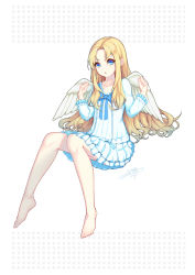 Rule 34 | 1girl, :o, absurdres, barefoot, blonde hair, blue bow, blue eyes, bow, collarbone, dress, feathered wings, filo (tate no yuusha no nariagari), highres, invisible chair, legs, lis zhu long, long hair, long sleeves, looking at viewer, parted bangs, short dress, signature, sitting, solo, tate no yuusha no nariagari, very long hair, white dress, white wings, wings