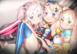 Rule 34 | 3girls, :p, aged down, ahoge, animal ears, arm up, armpits, bare shoulders, blonde hair, blue thighhighs, blush, braid, breasts, bun cover, chromatic aberration, commentary, detached sleeves, double bun, english commentary, flower, fox ears, green eyes, grey eyes, hair between eyes, hair bun, hair flower, hair ornament, highres, hololive, huge filesize, lion ears, long hair, looking at viewer, momosuzu nene, multicolored hair, multiple girls, omaru polka, omaru polka (1st costume), panties, pantyshot, pink legwear, purple eyes, revision, shishiro botan, shishiro botan (1st costume), silver hair, smile, star-shaped pupils, star (symbol), striped clothes, striped panties, symbol-shaped pupils, teriibol, thighhighs, tongue, tongue out, underwear, virtual youtuber, x hair ornament