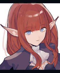 1girl ascot blue_eyes blunt_bangs breasts cleavage closed_mouth highres hulkenberg_(metaphor:_refantazio) letterboxed long_hair looking_at_viewer medium_breasts metaphor:_refantazio pointy_ears red_hair sidelocks simple_background solo upper_body white_background yup_ym