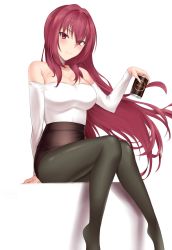 Rule 34 | 1girl, bad id, bad twitter id, bare shoulders, beer can, black pantyhose, blouse, breasts, can, choker, cleavage, collarbone, crimecrime, drink can, fate/grand order, fate (series), hair between eyes, hair intakes, highres, large breasts, legs together, long hair, long sleeves, looking at viewer, miniskirt, pantyhose, pencil skirt, purple hair, red eyes, scathach (fate), shirt, simple background, sitting, skirt, smile, solo, thighs, very long hair, white shirt