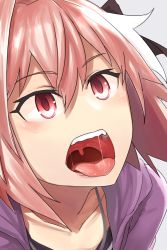 Rule 34 | 1boy, astolfo (fate), bow, casual, collarbone, fang, fate/grand order, fate (series), hair bow, i-pan, looking at viewer, male focus, multicolored hair, open mouth, pink eyes, pink hair, saliva, short hair, solo, tongue, tongue out, trap, two-tone hair, uvula, white hair