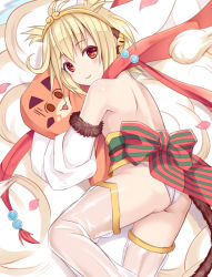 Rule 34 | 10s, 1girl, andira (granblue fantasy), ass, bare shoulders, blonde hair, detached sleeves, erune, granblue fantasy, ikeda yuuki, looking at viewer, red eyes, red scarf, scarf, short hair, smile, solo, thighhighs, thighs, tiara