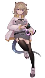 Rule 34 | 1girl, animal ear fluff, animal ears, arknights, bad id, bad pixiv id, black thighhighs, blonde hair, breasts, cat ears, closed mouth, commentary, cross-laced footwear, eyelashes, full body, garter straps, glowing, glowing sword, glowing weapon, grey shirt, hair between eyes, hair ornament, hairclip, highres, jacket, katana, kuiqiu kq, lips, long sleeves, looking at viewer, medium breasts, open clothes, open jacket, purple eyes, scabbard, sheath, sheathed, shirt, shoes, short hair, simple background, smile, sneakers, solo, standing, standing on one leg, sword, tail, thighhighs, thighs, utage (arknights), weapon, white background, white footwear, white jacket, x hair ornament, zettai ryouiki
