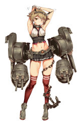 Rule 34 | 10s, 1girl, aida takanobu, anchor, armpits, arms up, bare shoulders, blush, body blush, boots, brown hair, cannon, chain, collar, female focus, full body, gloves, green eyes, hair ornament, hairband, head tilt, headgear, highres, kantai collection, legs, long image, looking at viewer, machinery, mecha musume, midriff, miniskirt, mutsu (kancolle), navel, one eye closed, personification, pleated skirt, red thighhighs, shiny skin, short hair, simple background, skindentation, skirt, solo, standing, stretching, tall image, thighhighs, thighs, turret, weapon, white background, white gloves, wink