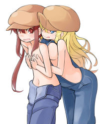 Rule 34 | 2girls, blonde hair, blue eyes, grabbing another&#039;s breast, breasts, brown eyes, brown hair, cabbie hat, flat chest, grabbing, hat, large breasts, long hair, multiple girls, nakashino setsu, naked overalls, navel, original, overalls, sideboob, tongue, twintails, yuri