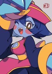 Rule 34 | 1girl, blue skin, breasts, brown eyes, chibi, claws, cleavage cutout, clothing cutout, colored skin, hat, large breasts, lei lei, miyata (lhr), one eye closed, purple hair, short hair, sleeves past wrists, vampire (game), wink