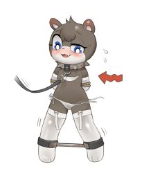 Rule 34 | 1girl, :3, animal ears, arms behind back, arrow (symbol), bear ears, bear girl, blue eyes, blush, bound, bound ankles, bound arms, bound legs, brown fur, collar, elbow gloves, female focus, flying sweatdrops, full body, furry, furry female, garter straps, gloves, half-closed eye, leash, multicolored fur, open mouth, original, panties, restrained, side-tie panties, simple background, solo, spiked collar, spikes, spreader bar, standing, sweatdrop, thighhighs, topless, tosx, underwear, untied panties, white background, white fur, white gloves, white panties, white thighhighs