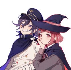Rule 34 | 1boy, 1girl, black cloak, blue outline, blush, cloak, danganronpa (series), danganronpa v3: killing harmony, eyelashes, hair between eyes, hair ornament, hairpin, hat, highres, leaning on person, looking at viewer, oma kokichi, outline, purple eyes, purple hair, red eyes, red hair, red outline, short hair, smile, straitjacket, wavy hair, white background, witch hat, yp (pypy 5 ), yumeno himiko